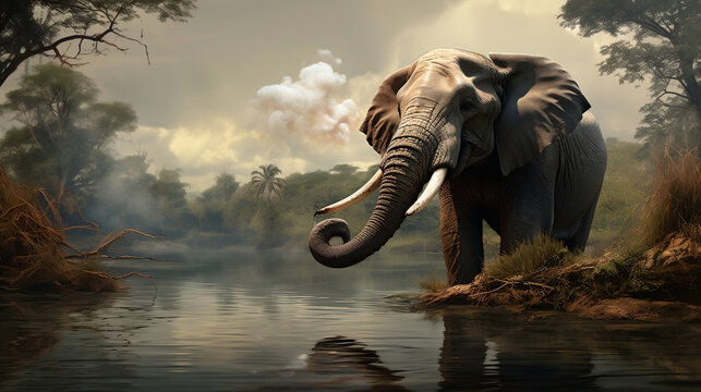 A big elephant walks along the river and the jungle new quality universal colorful technology stock image illustration design, generative ai