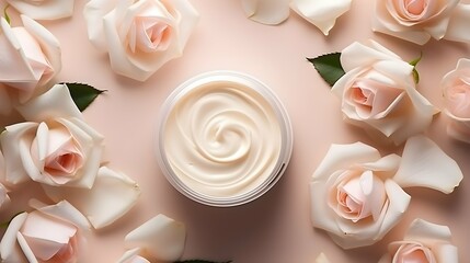 A jar of face cream and a rose on a gentle background, top view. Beauty treatment. Generative AI.