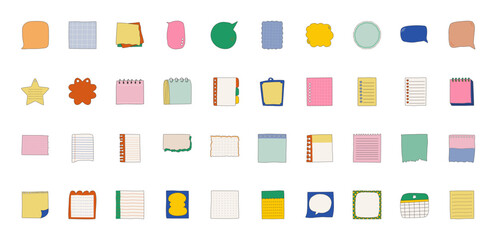 Sticky Notes paper notes big collection. Adhesive tapes set, paper clip with star and heart. Blank notepad elements with ragged edges. Stationery background. Vector illustration. 
