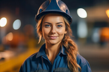 Portrait of a smiling confident female engineer at an oil refinery, confidently overseeing operations and ensuring the efficient production of petroleum products, generative ai