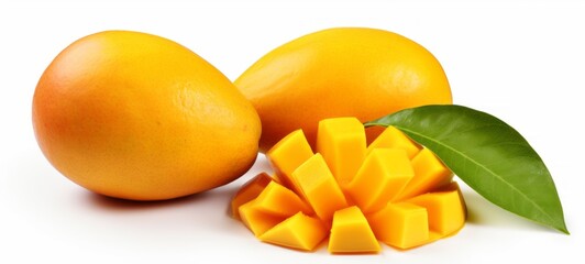 Fototapeta na wymiar Fruits mangos harvest background - Set of ripe mango and mango slices, isolated on white background (Generative Ai)