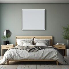 Blank white photo art frame mock up design showcase in modern bedroom Generative AI 