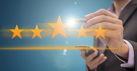 Increase rating, evaluation and classification concept. Businessman draw five yellow star to...