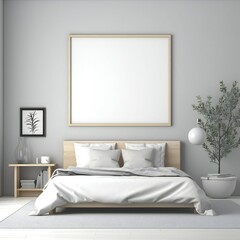 Blank white photo art frame mock up design showcase in modern bedroom Generative AI 