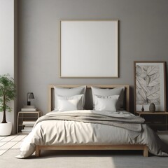 Blank white photo art frame mock up design showcase in modern bedroom Generative AI 
