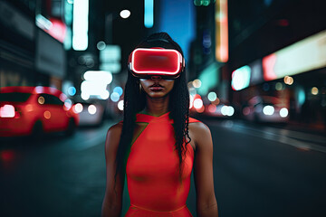 African American woman in red dress wearing VR headset in the night on the city street