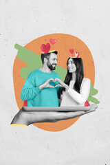 Vertical photo collage dating app couple matches remote lovers sympathy connect hands heart symbol isolated on grey color background