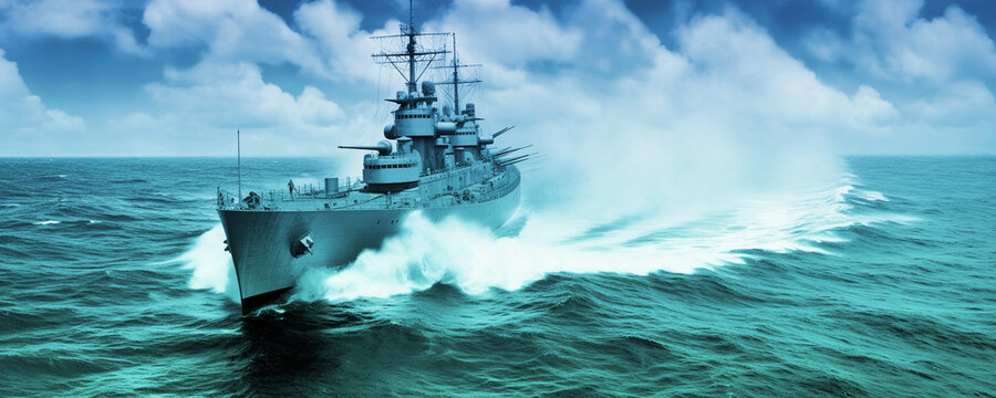 Destroyer ship in battle on high sea with firing canons, AI generated image