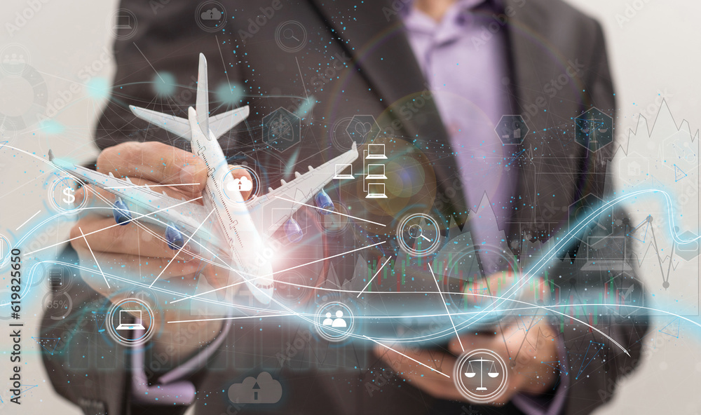 Poster businessman on blurred background using tech devices and icons thin line interface