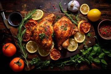 Fototapeta na wymiar Pollo alla Diavola on a rustic wooden table surrounded by fresh herbs and lemon wedges