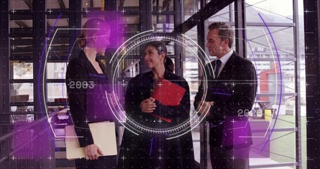 Animation of glitch technique over circles, changing numbers, diverse coworkers discussing in office - Powered by Adobe