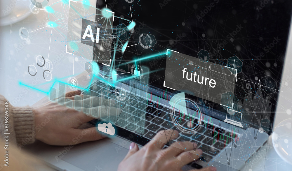 Poster technology and people concept man use ai to help work, ai learning and artificial intelligence conce
