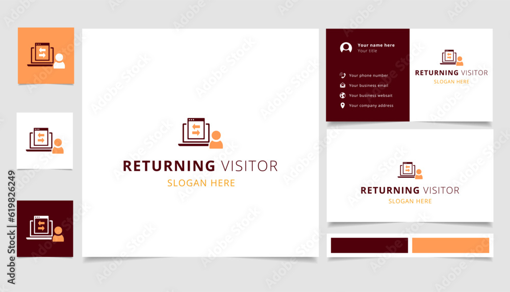 Poster returning visitor logo design with editable slogan. branding book and business card template.