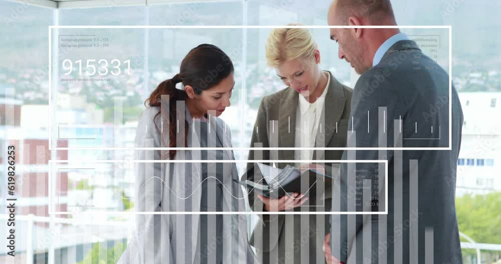 Poster animation of graphs with changing numbers over diverse coworkers looking at schedule in diary