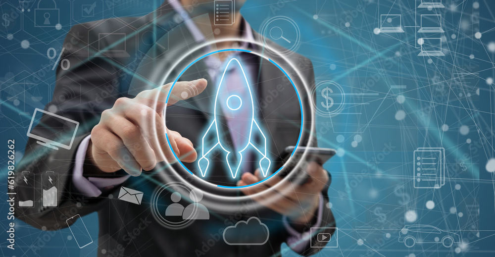 Poster hand of man in white shirt with smartphone over blue background with double exposure of startup hud 