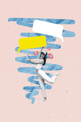 Naklejka premium Vertical creative composite abstract photo collage of satisfied excited girl get many likes comments on post isolated painted background