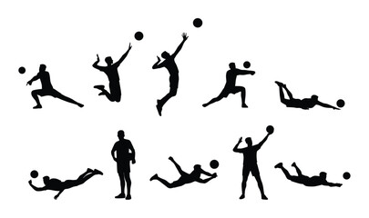 Young sportsman playing volleyball set with different gestures variations. Flat vector illustration isolated on white background