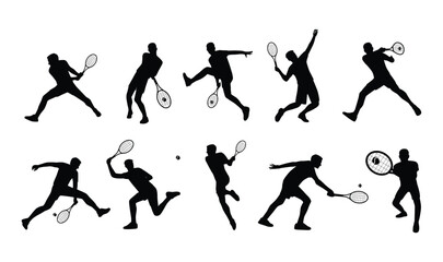Young man playing tennis on court set. Flat vector illustration isolated on white background