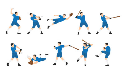Fototapeta na wymiar Set of baseball players isolated. Man with bat and glove athlete. Flat vector illustration isolated on white backgroun