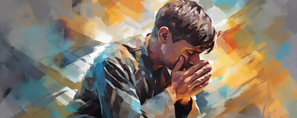 Digital painting of a young man suffering from toothache, toothache or tooth decay