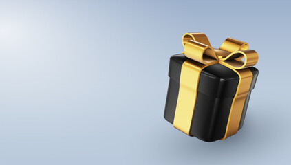 Black gift box or present box with a golden bow. Web banner or gift card design template. Concept of a gift for birthdays, Christmas, New Year, or Valentine's Day. Realistic 3D vector illustration