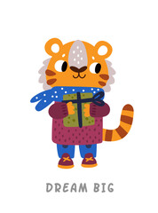 Cute tiger with present. Motivation phrase poster