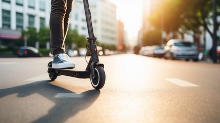 a closeup photo of a person driving eco friendly e-scooter in the middle of a urban city street. Generative AI