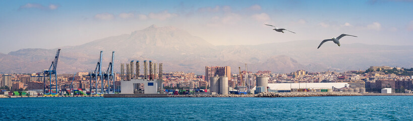 Industrial landscape of The Port of Alicante. Infrastructure of the seaport and cargo terminal with portal cranes and cargo containers storage. Global transportation hub on Mediterranean Sea in Spain. - 619827405