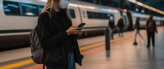 Fototapeta premium Side View Young woman wearing a face mask waiting at the train station and looking at the smartphone. Generative AI