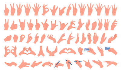 Cartoon hands gestures. Human hand holding things, thumb up, ok and peace sign flat vector illustration set. Interactive sign language collection
