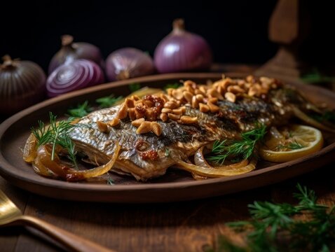 Sarde in Saor with onions, raisins, and pine nuts on a rustic plate