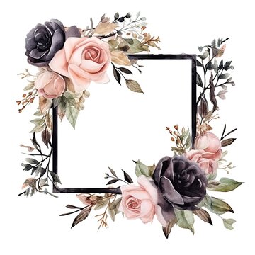 watercolor square mirror black roses white background