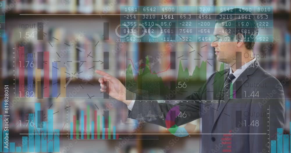 Poster animation of graphs, loading circles and numbers, caucasian businessman using futuristic technology