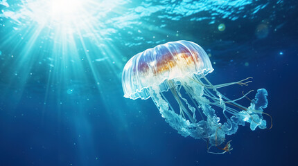 One jelly fish under water, sunrays from above, blue tone, generative ai