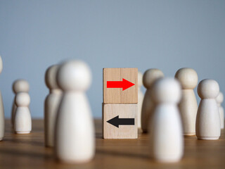 Direction of arrows on wooden blocks, choice of things like concept leadership. Of two parties....