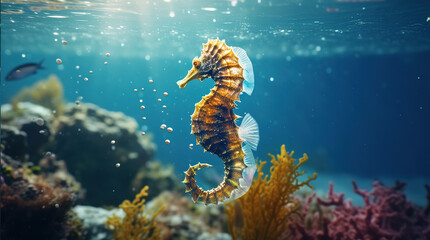 Seahorse floating under water in the sea with sunrays coming from above, generative ai