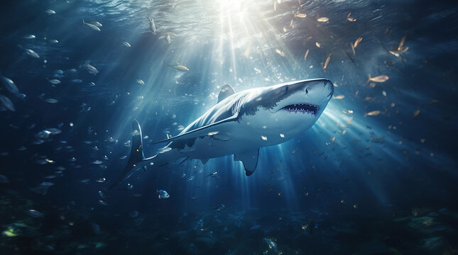 Shark under water with sunrays and lens flare, generative ai