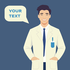 Vector illustration in a flat style. Young handsome smiling male doctor in a traditional medical white coat. Banner with a cloud for text, a place for a message, an announcement and more.
