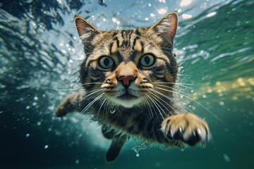 Fototapeta premium closeup wide angle underwater photo upshot of a cat underwater. cute, funny pet swims. generative ai, ai, generative