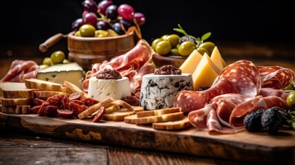Fototapeta na wymiar Affettati Misti with various cured meats, cheeses, and olives on a wooden board