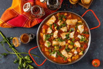 Traditional Portuguese fish stew. Cod stew.