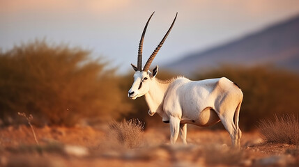 Arabian oryx or white oryx, antelope with a distinct shoulder bump, Animal in the nature habitat, Shaumari reserve, Jordan. Generative AI - obrazy, fototapety, plakaty
