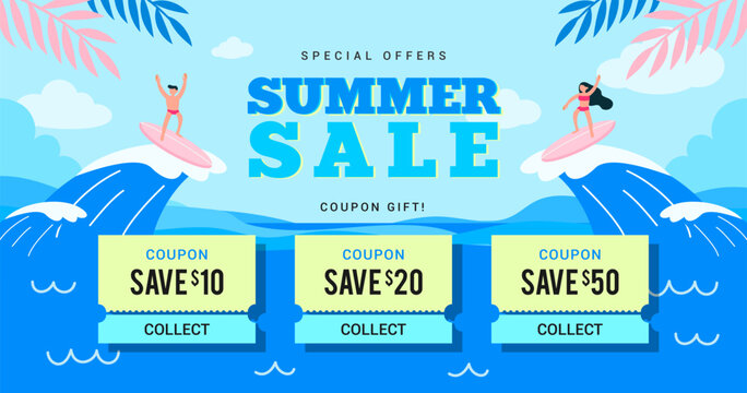 Summer sale coupon template banner vector design. Happy summer surfing