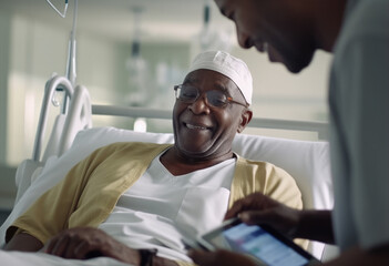 Smiling african man in hospital bed, on the road to recovery talking to nurse doctor physician about his condition happy patient in medical facility generative AI - 619828805