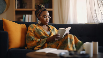 African american woman reading on couch at home, relaxing in her apartment on the weekend quiet childfree lifestyle independent woman Ai generated - 619828821