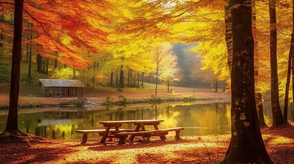 Fall Splendor, Exploring the Autumn Landscape of Lakes Park. Generative AI