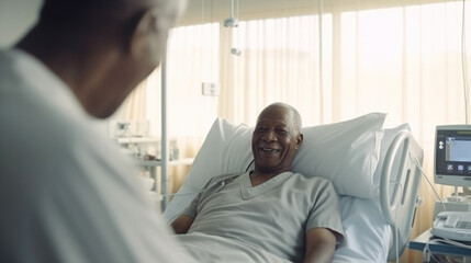 Naklejka na ściany i meble Mature african man smiling at doctor in hospital room, good healthcare medical treatment for his illness, happy patient modern medical facility AI generated