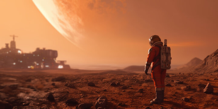 Astronaut in protective suit on barren desolute desert alien landscape, futuristic sci-fi planet star colony created by generative AI
