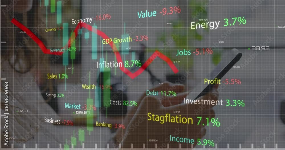 Poster animation of multiple graphs, text and numbers over caucasian woman using smartphone