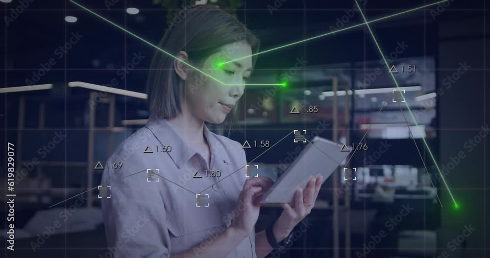 Poster animation of lines and graphs with changing numbers over asian woman using digital tablet